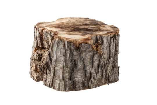 Detailed cross section of a tree stump with textured bark on black background, cut out