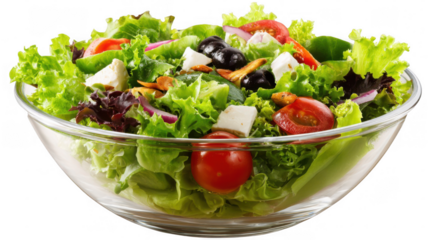 Overflowing glass bowl filled with a vibrant mix of fresh salad ingredients like lettuce, tomatoes, olives, feta cheese, and croutons on a transparent background