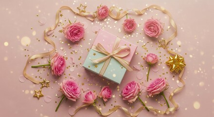 Birthday & Celebration Gift Box Backgrounds Gift Box Flat Lay with Flowers & Decorations on Various Backgrounds