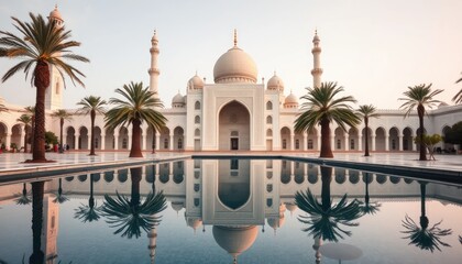 Naklejka premium Architectural Serenity: A Majestic Mosque Reflected in Tranquil Waters