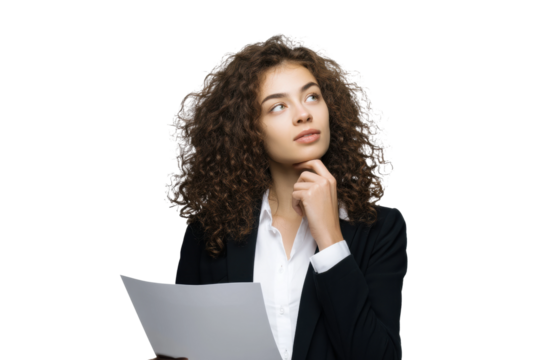 Young african female professional contemplating with documents in hand, cut out