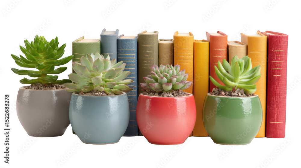 Poster four potted succulents, each in a different colored pot, are arranged in front of a row of colorful 