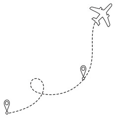 Dotted Airplane Route Icon with Travel Destinations and Map Pins