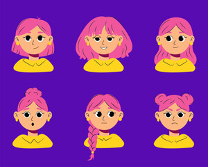 Cute Pink-Haired Girl Avatar Pack – Vector Cartoon Emotions and Hairstyles – Female Character Faces for UI, Games, Animation, Stickers, and Social Media Design