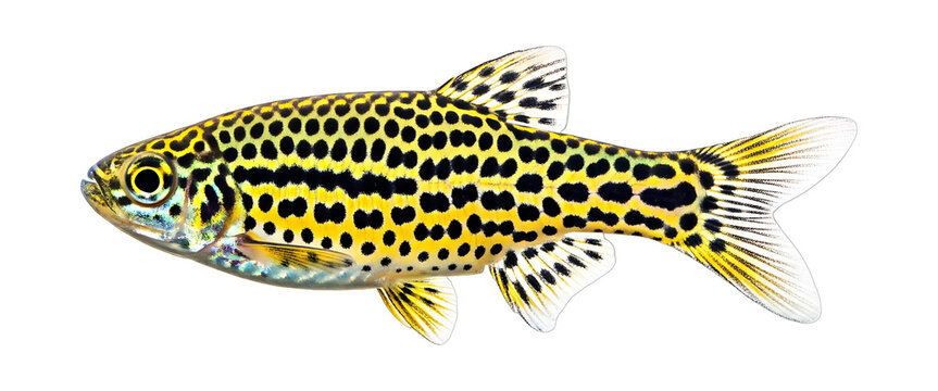 Leopard danio fish care guide: tropical aquarium fish species information and tank mates for beginners on transparent background