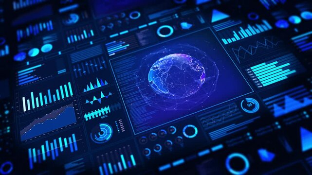 Advanced data analytics dashboard display HUD infographic financial. Business charts data numbers, reports of business strategy investment. Technology data analysis. Business financial investment 3D - Powered by Adobe