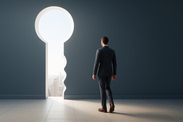 Obraz premium Businessman walking toward light through giant keyhole shaped doorway in dark room with city background, symbolizing opportunity and success.