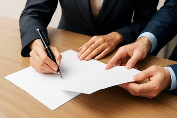 Businesswoman signing contract held by businessman, professional workplace setting, teamwork concept, office background, light tone color palette.
