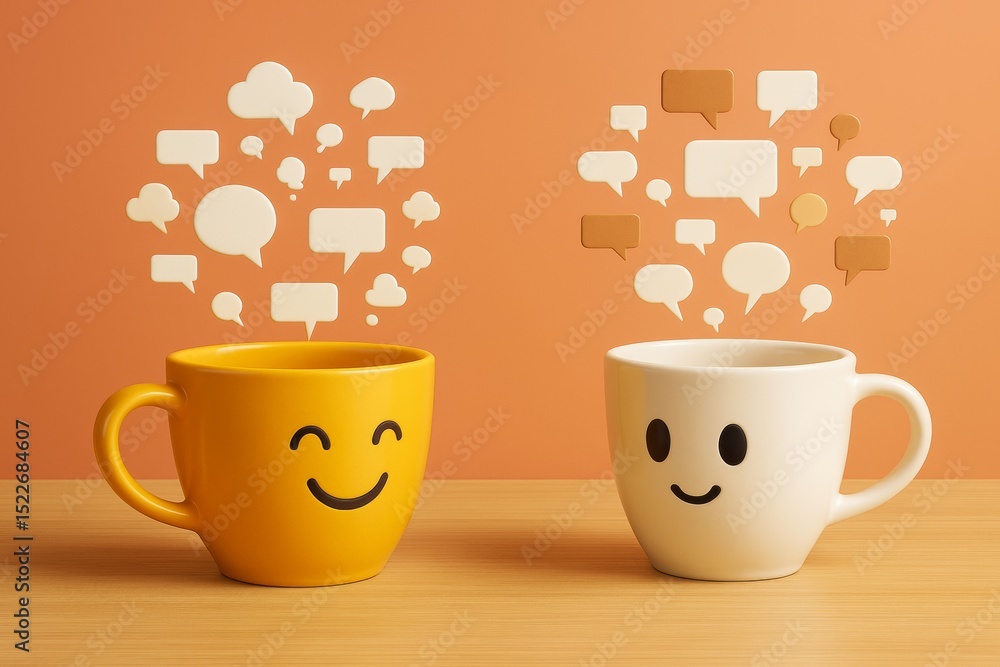 Aufkleber two smiling coffee mugs with speech bubbles above them symbolizing communication and cheerful conver