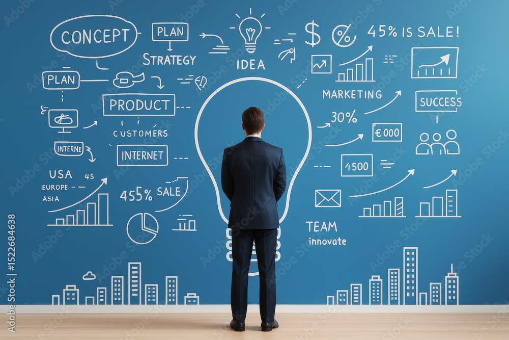 Poster businessman looking at strategy and marketing concept graphics on a blue background for innovation a