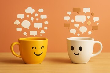 Two smiling coffee mugs with speech bubbles above them symbolizing communication and cheerful conversation on orange background.