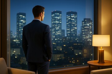 Fototapeta premium Businessman in suit standing by window at night, overlooking illuminated cityscape with office buildings, lamp light creating cozy indoor ambiance.