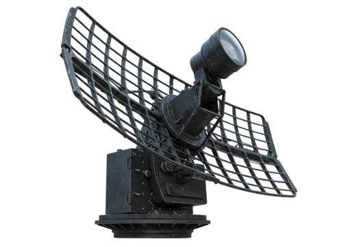 Military radar system antenna isolated on transparent background