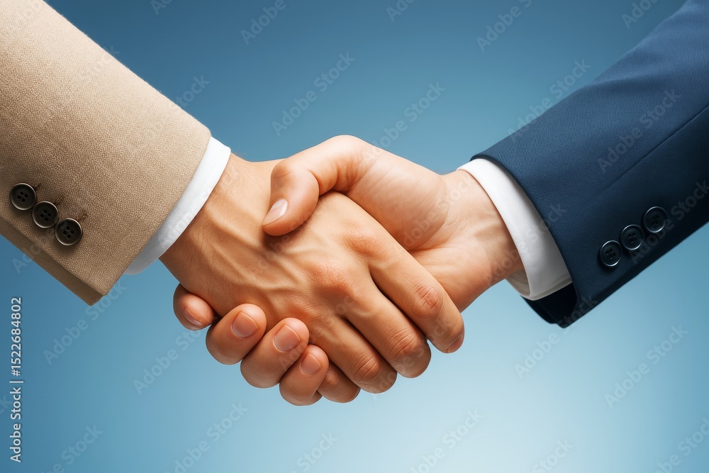 Poster close-up of handshake between two businessmen in suits symbolizing trust and partnership on light bl