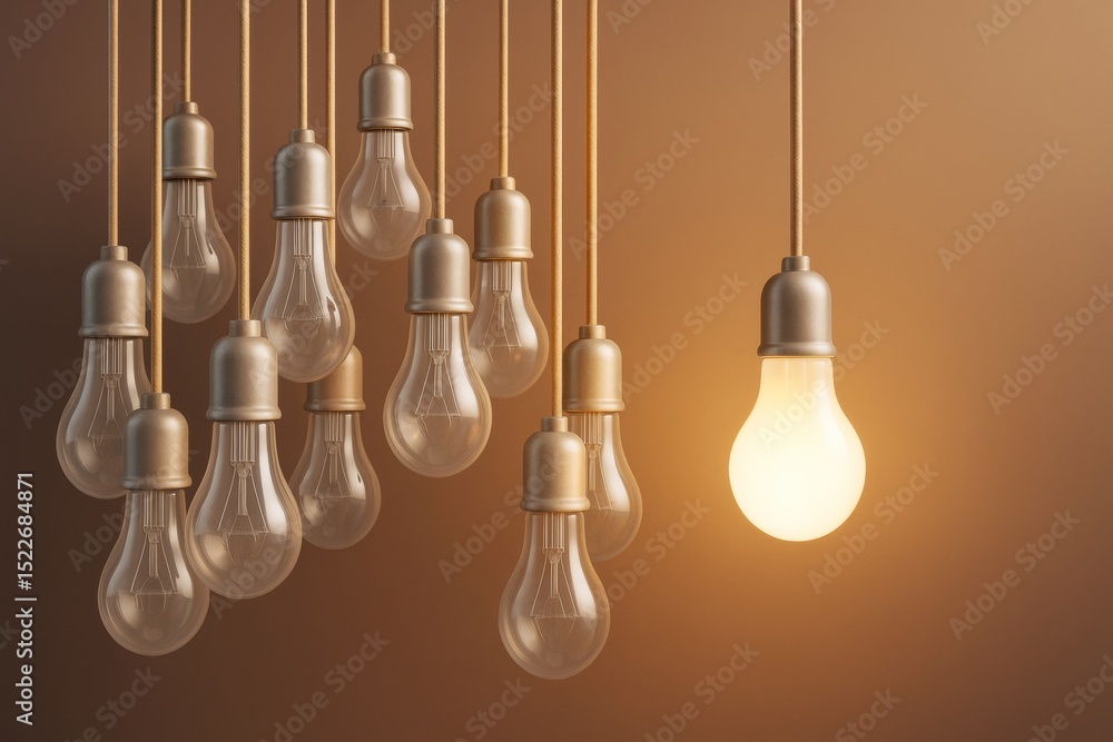Poster one illuminated light bulb among many unlit ones symbolizing creativity and innovation on a warm bro