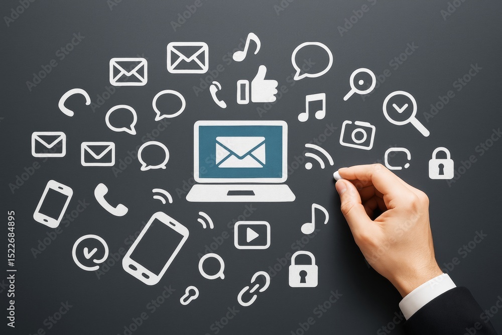 Poster business communication concept with media and technology icons on dark background and hand placing s