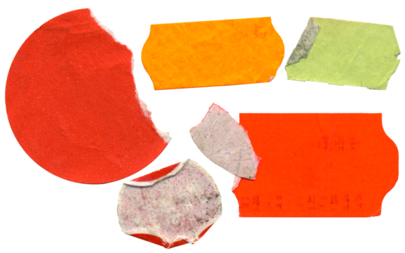 set of empty grungy adhesive price stickers, multicolored price tags, with free copy space, isolated on transparent background