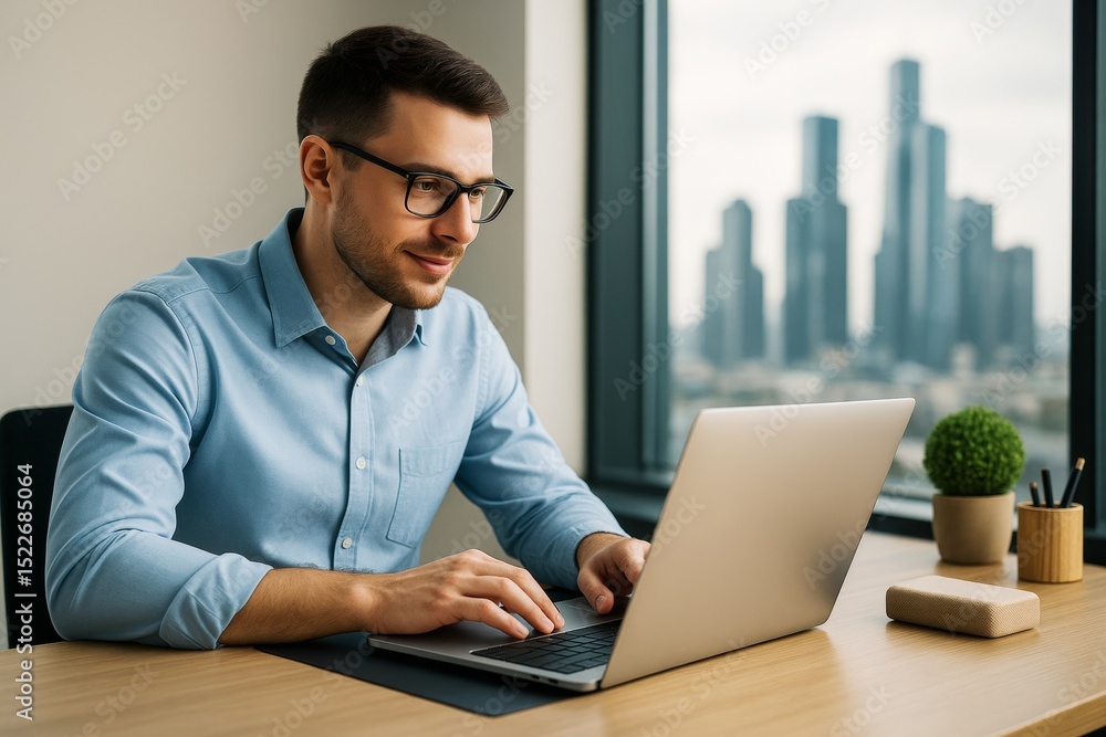 Poster young businessman working on laptop in modern office with city view in background and natural light,