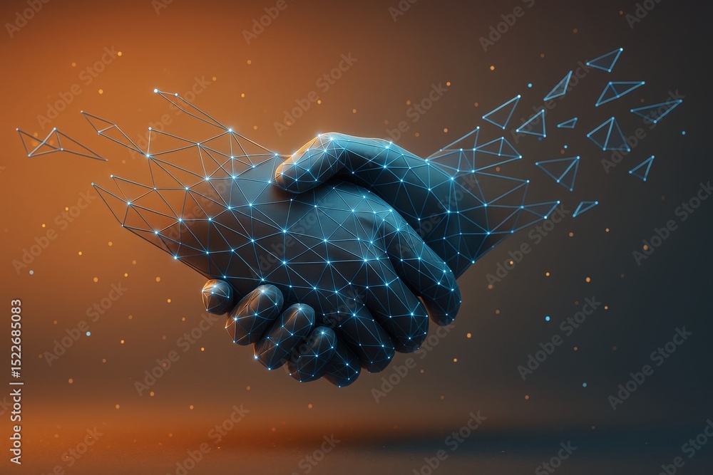 Poster Abstract digital handshake symbolizing futuristic business partnership with glowing polygonal mesh on gradient background in warm and cool light.