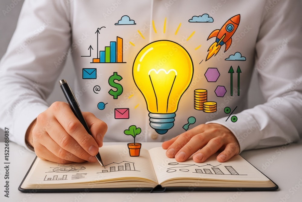 Poster businessman drawing creative lightbulb concept with financial and startup icons on white background 