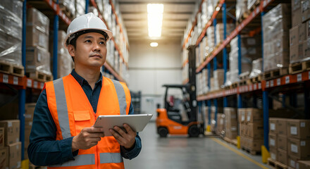 Warehouse worker using tablet inventory management logistics supply chain distribution center worker safety hard hat vest