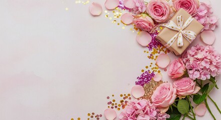 Birthday & Celebration Gift Box Backgrounds Gift Box Flat Lay with Flowers & Decorations on Various Backgrounds