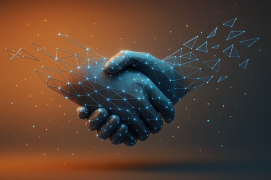 Abstract digital handshake symbolizing futuristic business partnership with glowing polygonal mesh on gradient background in warm and cool light.