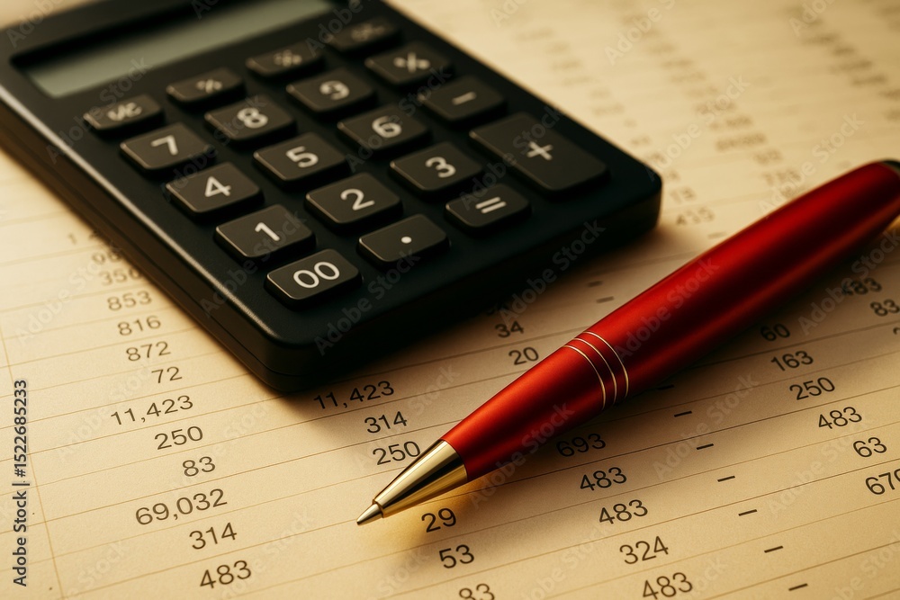 Poster close-up of calculator and red pen on financial spreadsheet background symbolizing business accounti