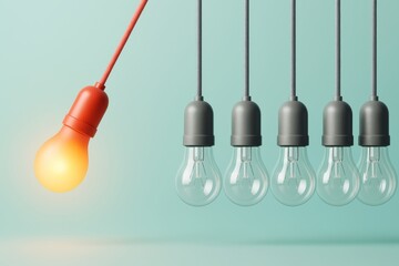 One illuminated orange light bulb striking five unlit bulbs against light blue background, symbolizing innovation and business concept. Ai generative.
