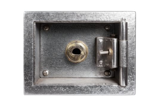 Close-up of open metallic safe door showing keyhole and hinges, cut out