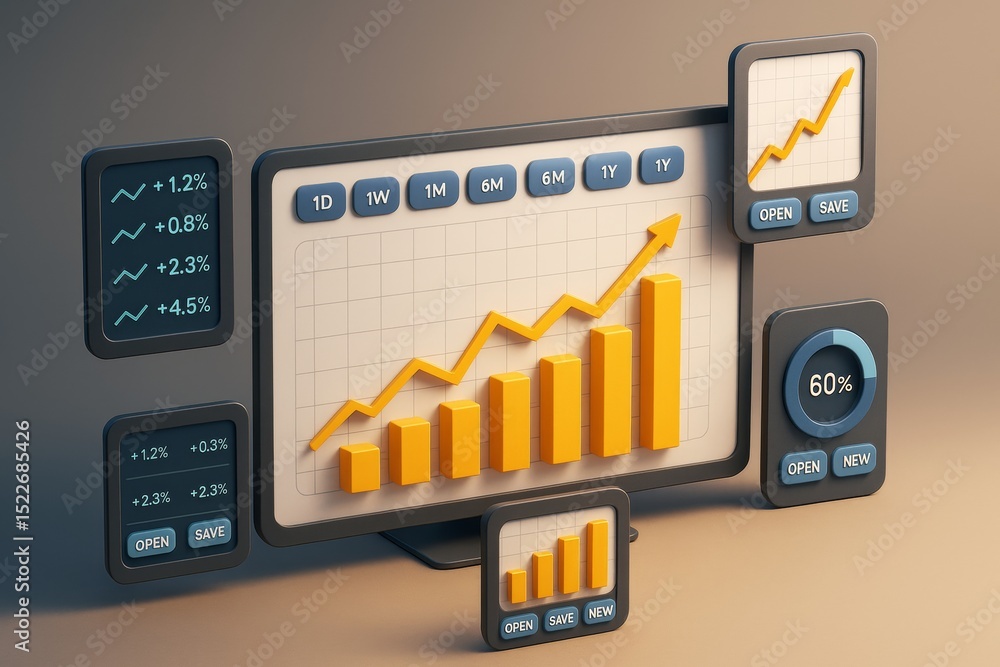 Aufkleber Business analytics dashboard with abstract yellow bar chart and growth indicators on light background, symbolizing financial success and data progress.