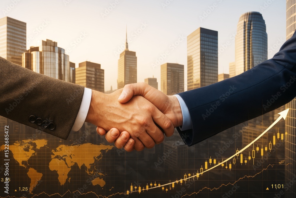 Poster business handshake between two men in suits with financial chart overlay and modern skyscrapers in l