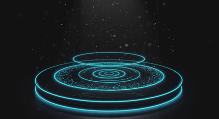 Fototapeta premium Empty abstract round podium, platform, pedestal modern exhibition space for product display with neon glow on black background, interactive effects, 3d rendering
