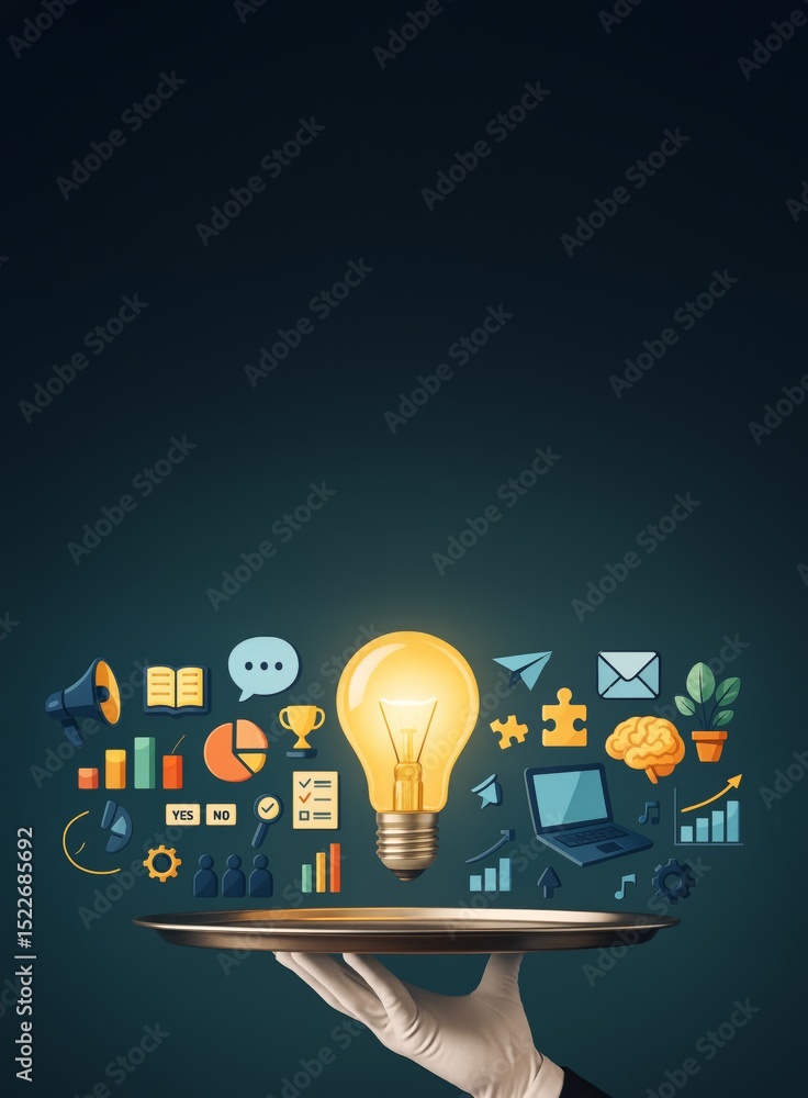 Poster business concept with glowing light bulb and digital icons on dark background representing innovatio