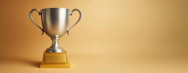 Plakat Silver trophy cup with golden base placed on warm light background with copy space for business award promotion or poster design template.
