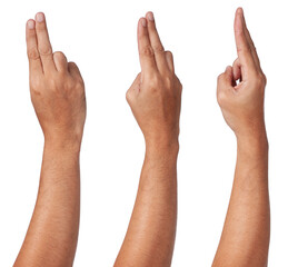 Male asian hand gestures isolated over the white background. pull trigger.