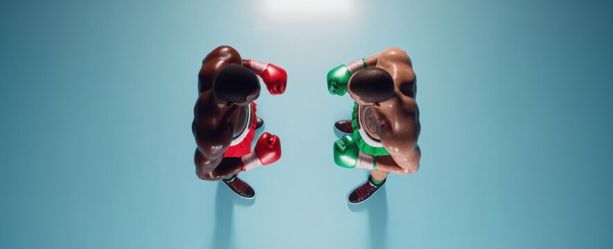 Two male boxers facing each other in ring wearing red and green gloves viewed from above. Concept of competition, sportsmanship, combat, physical strength, and athletic preparation.