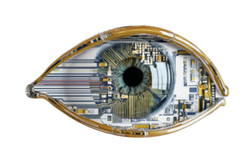 Futuristic cybernetic eye with circuitry and lifelike details, cut out
