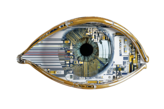Futuristic cybernetic eye with circuitry and lifelike details, cut out