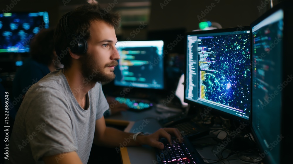 Poster young programmer works intently at dual computer screens during night hours in a tech-focused worksp