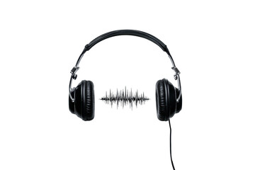 Black headphones with soundwave on a black background, cut out