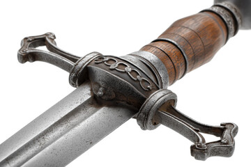 Close-up of medieval sword with detailed handle and crossguard on black background, cut out