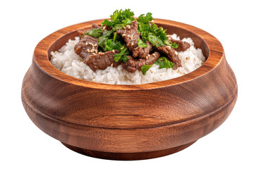 Wooden bowl with beef and rice garnished with cilantro and sesame seeds, cut out