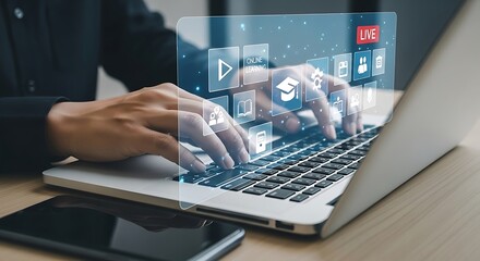 Person Using Laptop for Online Education Live Streaming and Digital Learning with Educational Icons and Modern Technology Interface Displayed