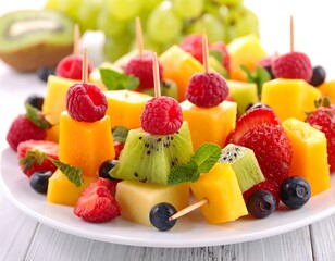 Colorful fruit skewers on a plate (1)