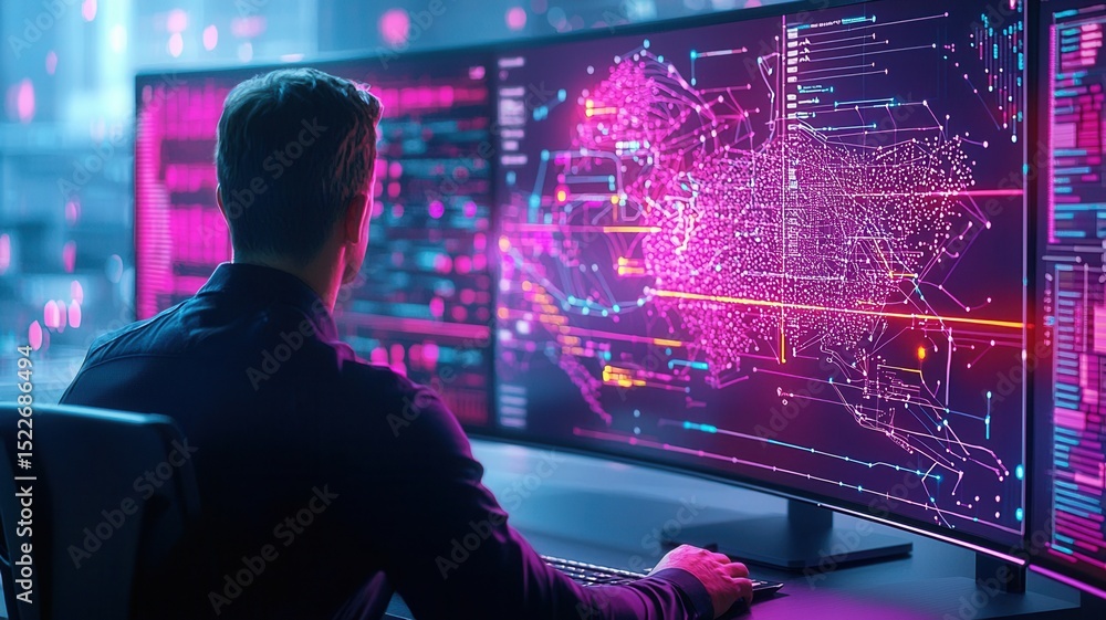 Poster programmer with headphones working at big with his office in night screens showing statistical data