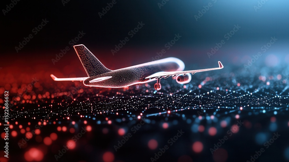 Poster digital innovation aircraft wireframe through glowing network paths, visualizing and air freight rou
