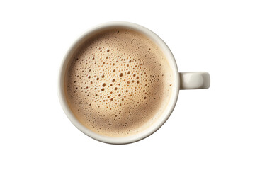 Aerial view of frothy coffee in a white cup on a black background, cut out