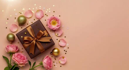 Birthday & Celebration Gift Box Backgrounds Gift Box Flat Lay with Flowers & Decorations on Various Backgrounds