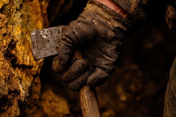 Mining action a miner’s hand gripping a pickaxe in a dimly lit underground location capturing the grit and labor of the mining environment